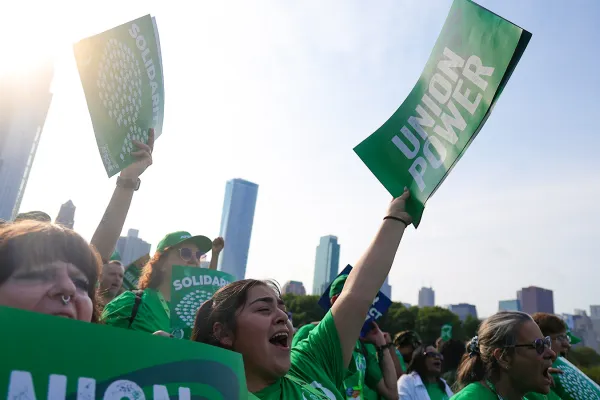 AFSCME members rally at an event outside Shedd Aquarium in Chicago.